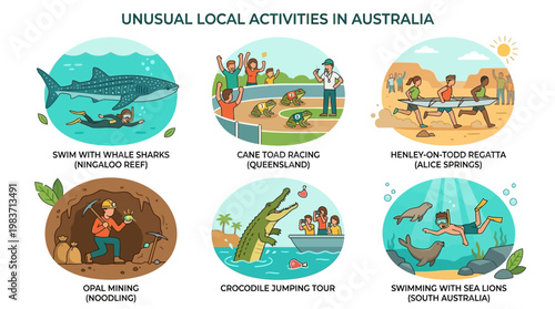 Unusual local activities in Australia include swimming with whale sharks and crocodiles