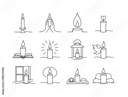 Spiritual Candle Light. Minimalistic set one-line drawing burning church candle, candle on stand, candle with praying hands, candle flame close up, candle with