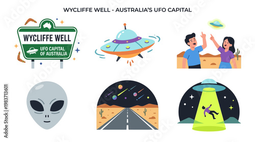 Wycliffe Well Australia's UFO Capital Sign with Cartoon Illustrations