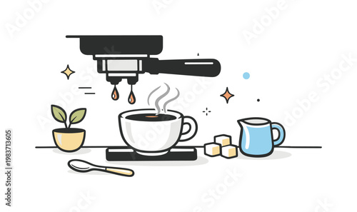 Coffee brewing process. Visualizing espresso extraction step with liquid streaming into a cup, highlighting timing and flow. Abstract shapes and motion lines
