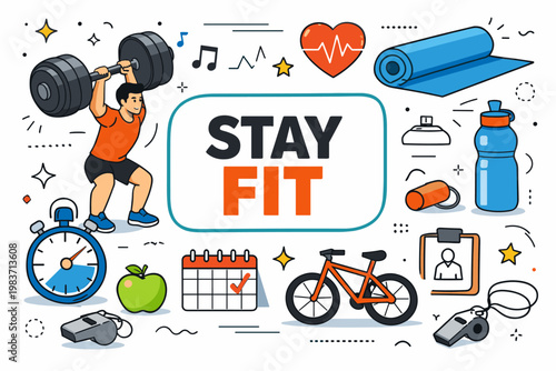 Sport Fitness Routine. Clean editorial banner about active lifestyle and gym training, one athlete lifting an oversized dumbbell beside a stopwatch and water
