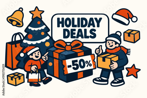 Christmas Commerce Stories flat vector digital illustration, doodle flat, thick outline, expressive characters, simple shapes, playful proportions, exaggerated