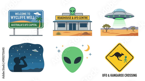 Cartoon illustrations of UFO themed landmarks in Wycliffe Well Australia