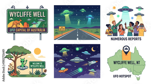 Wycliffe Well UFO Capital of Australia signs and illustrations with people viewing UFOs in the sky and aliens