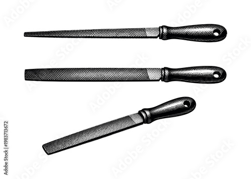 Metal files flat file shown as the same hand file in side view, top view, and angled three-quarter view, isolated with realistic proportions and clear tooth