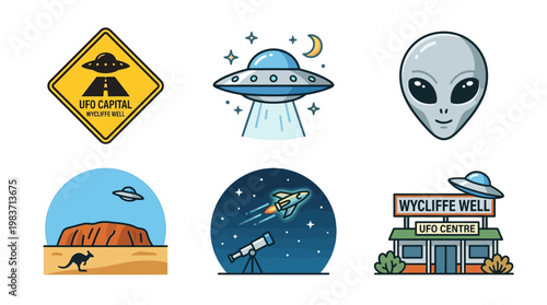 Cartoon illustrations of UFOs and alien related icons and symbols in various colorful designs and shapes
