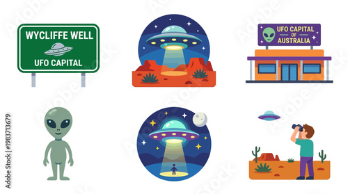 Cartoon illustrations of UFOs and aliens in various scenes and settings in Wycliffe Well UFO Capital