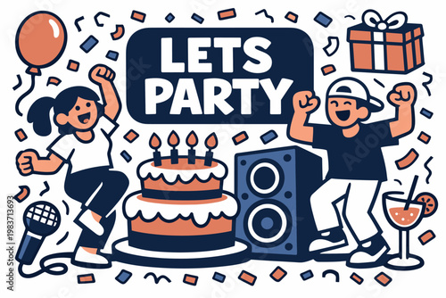Party Celebration Series flat vector digital illustration, doodle flat, thick outline, expressive characters, simple shapes, playful proportions, exaggerated