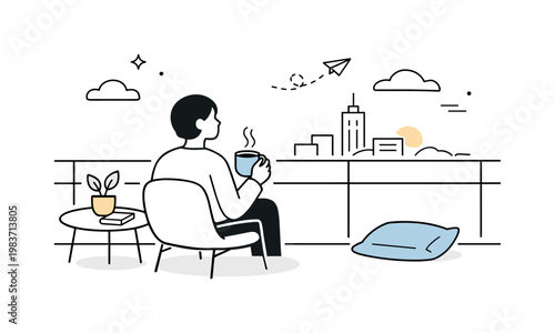 Relaxing on a rooftop terrace. A person sits with a warm drink, looking out over a peaceful urban panorama as if taking a quiet break above the busy city.