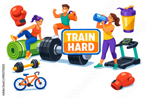 Gym Fitness Routine athletes training around an oversized dumbbell and treadmill across the full canvas, three stylized human characters interacting with giant