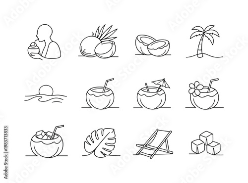 Tropical Coconut Drink Scene. Minimalistic set one-line drawing person drinking from coconut with straw, whole coconut with leaf, cracked open coconut half,
