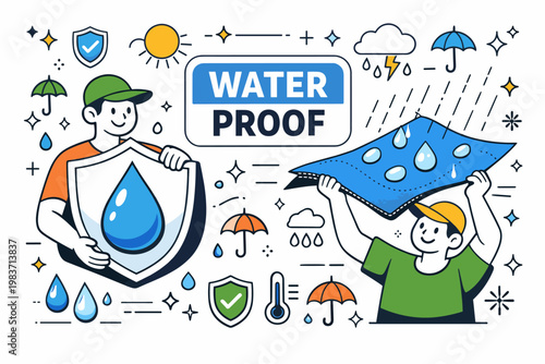 Waterproof Surface Protection. Water resistant scene with two geometric characters filling the full canvas, one sheltering an oversized shield with a giant