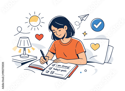 Planning the day. A focused character writes morning affirmations and small goals in a notebook, with sunlight, a bedside lamp, and minimal room details