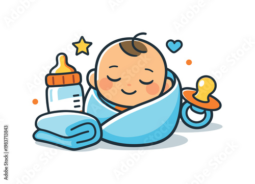 Baby care essentials a bottle, pacifier, and soft blanket arranged around a peaceful infant icon communicate comfort, hygiene, and attentive daily routines.