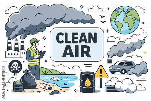 Pollution Impact Awareness. Clean editorial banner about environmental pollution, one environmental worker observing an oversized factory smoke cloud beside a