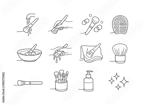 Cleaning Makeup Brushes. Minimalistic set one-line drawing brush under running water, hand holding brush, soap foam bubbles, silicone cleaning pad, rinse bowl,