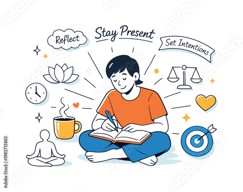 Mindful morning routine. A person captures their thoughts in a journal before starting the day, surrounded by light rays, a steaming mug, and soft motivational