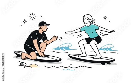 Surf Lesson on the Beach. An instructor showing basic board technique to a beginner on the sand, with calm guidance and focused practice before entering the