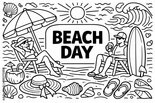 Beach Vacation Essentials. Clean outline line art banner scene of a sunny beach holiday with ??????????, oversized beach umbrella and surfboard as the main