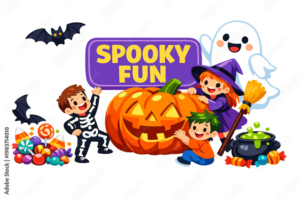 Fototapeta premium Halloween Spooky Night Pack playful spooky party scene with two kids and one witch character interacting with an oversized pumpkin lantern and giant ghost, bat