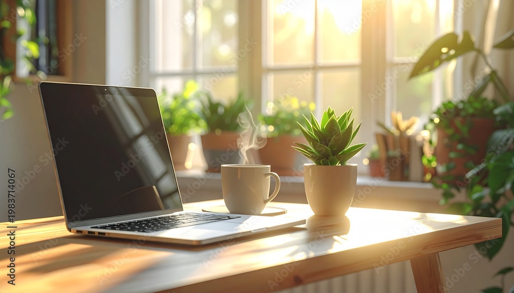Fototapeta premium Serene Workspace with Laptop and Plants: A sunlit workspace combines technology and nature with a laptop, a warm mug, and vibrant plants, creating a calm and inviting atmosphere.