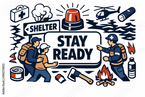 Natural Ecosystem Balance. Clean outline banner scene of ecology and biodiversity: person caring for nature beside river across full canvas, oversized globe