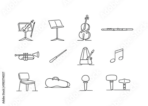 Orchestra Rehearsal. Minimalistic set one-line drawing [violin on music stand, bow, sheet music stand, cello, flute, trumpet, conductor baton, metronome, music