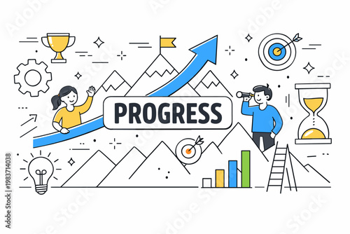 Progress Growth Outline Icons. Progress and growth editorial banner with geometric characters beside an oversized upward arrow and large mountain chart across
