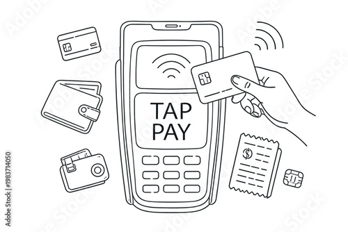 NFC Payment Series. Clean one-line drawing composition with an oversized smartphone and large contactless card terminal reaching all four edges, one hand
