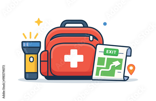 Emergency preparedness kit a compact bag with flashlight, first aid symbol, and folded plan sheet suggests readiness before an evacuation ever begins. The