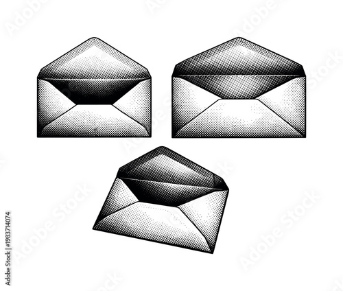 Envelope ? open envelope. A realistic open envelope presented as one consistent object in three different views, emphasizing inner cavity, unfolded flap, and