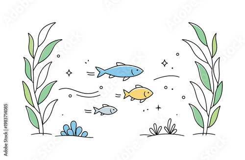 Ocean flora and fish movement. A modern vector scene where slender kelp fronds frame a few swimming fish in an elegant open composition. The illustration