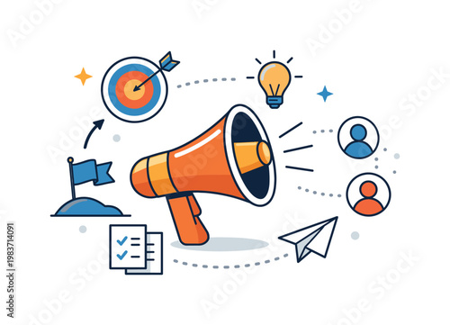 Campaign management workflow highlighting coordination and momentum. A friendly symbolic scene using a megaphone to convey leadership, alignment and active