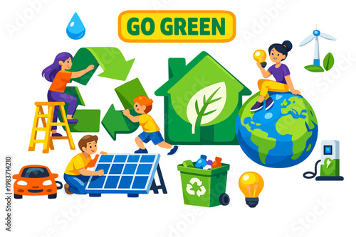 Sustainable Eco Living families organizing an oversized recycling symbol and green house across the full canvas, three stylized human characters interacting