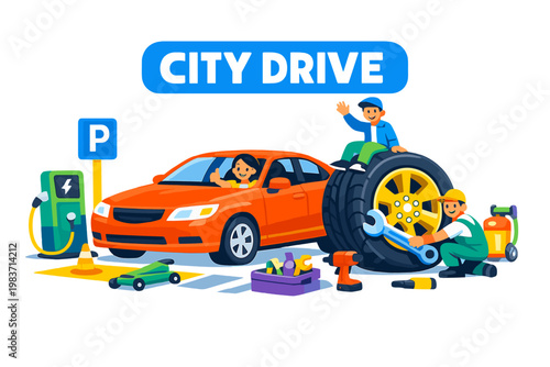 Civil Car Motion Collection of flat vector icons showing sedan, taxi, cabriolet, pickup, electric car, autonomous car, antique car, parking sign, garage,