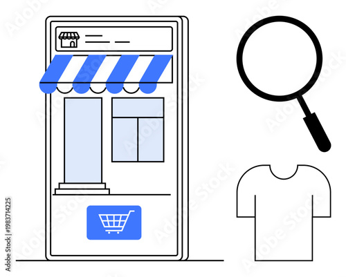 Online shopping concept. Online shopping mobile storefront, magnifying glass for search, and clothing icon. Online shopping usability for e-commerce, retail apps, or digital marketing visuals. Wide