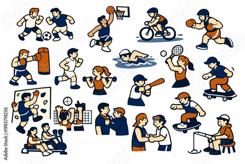 Sports Activity Stories flat vector digital illustration, doodle flat, thick outline, expressive characters, simple shapes, playful proportions, exaggerated