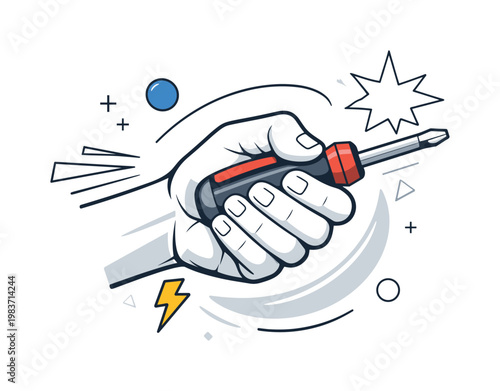 Screwdriver grip. Close-up of a hand firmly holding a screwdriver, confident pressure and precise control. Clean motion lines and simple abstract shapes