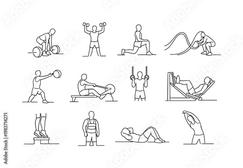 Strength Training Routine. Minimalistic set one-line drawing deadlift posture, shoulder press exercise, lunge movement, battle rope waves, medicine ball throw,