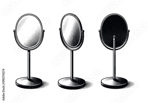 Mirror ? freestanding vanity mirror with rounded top slim support stem and compact reflective surface depicted as a single object. Black and white dot style