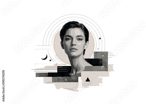 vintage editorial portrait, radial circles stepped blocks thin horizontal lines and conceptual symbolic accents, black and white androgynous face with timeless