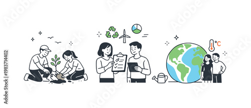 Climate action response. People plant trees, review sustainability documents, and stand beside a globe with a subtle temperature symbol. The scene feels