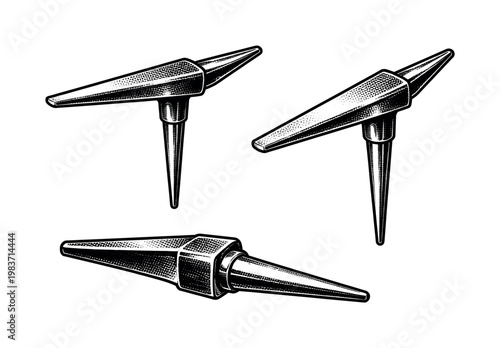 Stake anvils, slender stake anvil with an elongated working head and tapered mounting shaft, shown as the same object in profile, three-quarter angle, and
