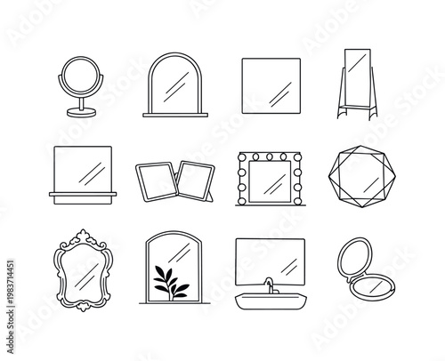 Vanity and Decorative Mirrors. Minimalistic set one-line drawing tabletop vanity mirror, arched mirror frame, minimalist square mirror, full length standing