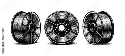 Welding wire spool A welding wire spool presented as one object in three positions emphasizing coiled wire structure, circular frame, and central hub with
