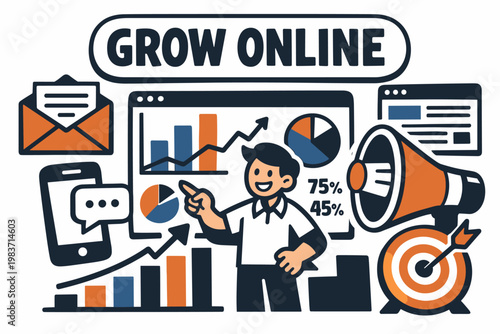 Digital Marketing Series flat vector digital illustration, doodle flat, thick outline, expressive characters, simple shapes, playful proportions, exaggerated