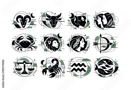 Zodiac-inspired cosmic symbols, intersected by thin grids, circles, curved lines, and abstract geometric fragments, monochrome celestial signs with cut-out