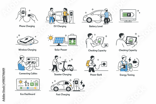 Charging Power Outline Icons. Charging, batteries, electric vehicles, smartphones, renewable energy, cables, and power stations. minimalist editorial vector