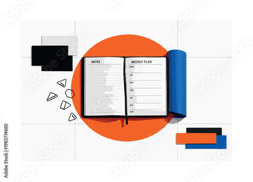 Ethical sourcing concept. An abstract editorial composition combining leaves, factory icons, documents, and verification symbols in a clean layout. The