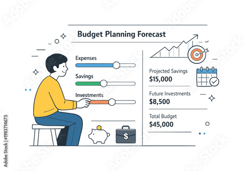 Budget planning forecast. A person adjusting sliders and numbers on a financial plan interface with projected totals ahead. A friendly scene about control,